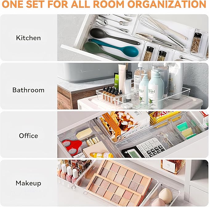 12-Pack Clear Plastic Drawer Organizer Trays – Multi-Use Acrylic Storage Bins for Kitchen, Bathroom, Makeup, Office, School & Undergarments – Perfect for Dorm, Apartment & Home Organization