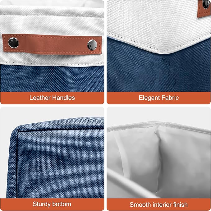 13in Open Fabric Storage Basket with Leather Handles for Organizing, Collapsible Linen Closet Bins for Shelves, Closets, Laundry, Decorative Basket for Gifts. (White＆Blue, 2PCS/13x13in)