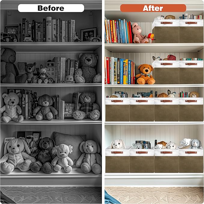 13in Open Fabric Storage Basket with Leather Handles for Organizing, Collapsible Linen Closet Bins for Shelves, Closets, Laundry, Decorative Basket for Gifts. (White＆Brown, 3PCS/13x13in)
