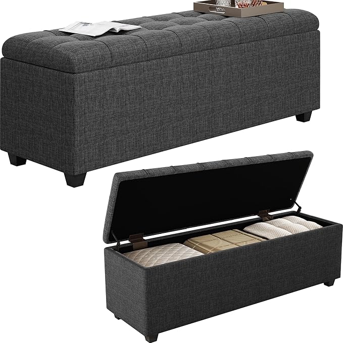 Ottoman with Storage 38 inches, Furniture End of Bed Storage Benches, Long Ottomans Bench with hinged lid, Bench seat Trunk for Foot Rest in Bedroom, Living Room (Dark Grey)