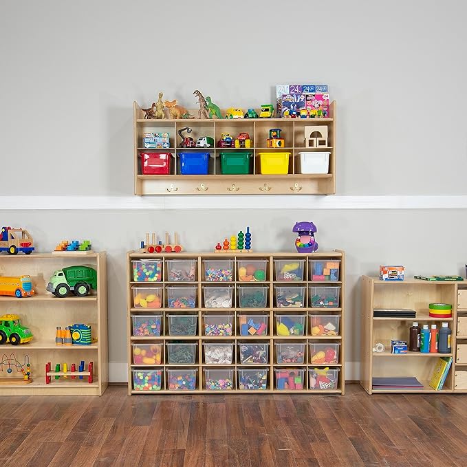 Wood Designs Cubby Storage Bin, Heavy Duty Plastic Containers for Kids Translucent Clear Cubby Tray Set of 25