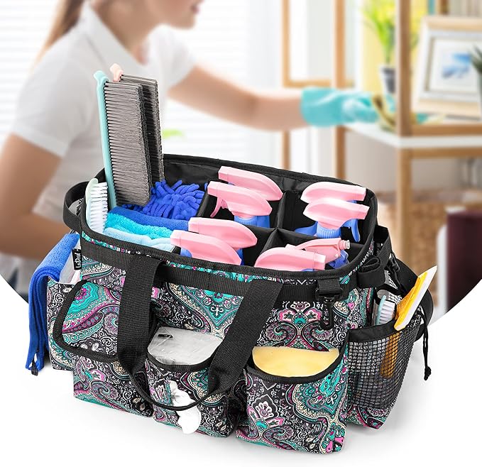 LoDrid Large Wearable Cleaning Caddy Bag with Detachable Divider, Cleaning Supply Tote Organizer with Handles and Adjustable Shoulder Strap for Cleaners & Housekeepers, Totem