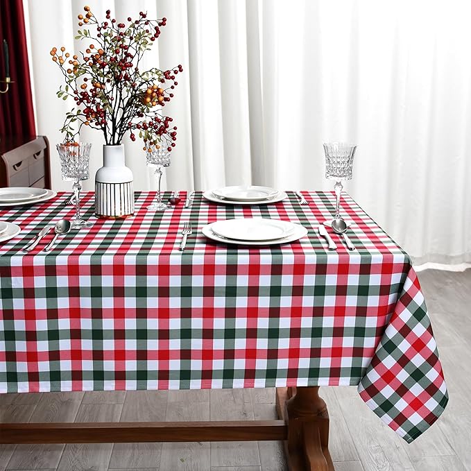 Red Gingham Christmas Plaid Tablecloth - Rectangular 58x102 Inch Water Resistant Table Cloth for Indoor/Outdoor Use - Holiday Table Cover for Kitchen, Picnics, and Parties