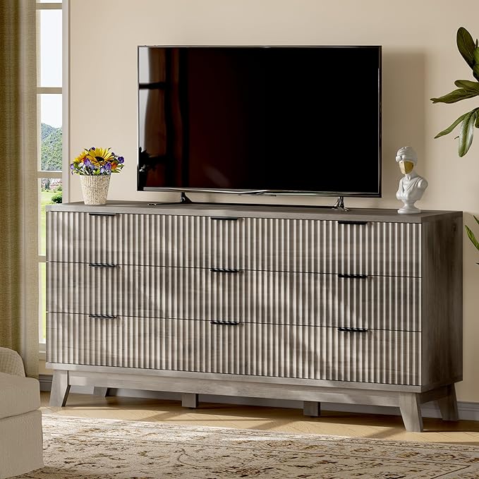 Fluted Dresser with 9 Drawers, 63" Wide Modern Chest of Drawers with Metal Handle, Wooden Dresser TV Stand, Wood Closet Clothes Storage Organizer for Bedroom, Living Room, Hallway, Light Grey