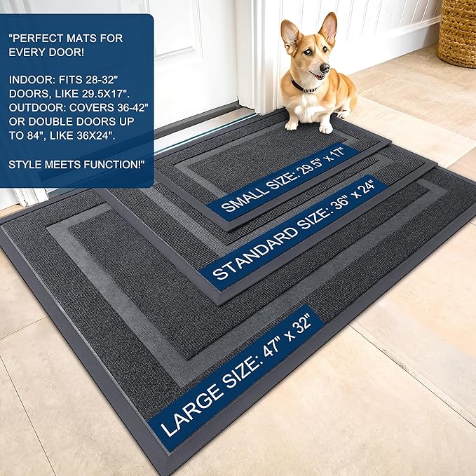 OLANLY Front Door Mat Indoor Outdoor Entrance, Waterproof All-Season, All-Weather Doormat, Sturdy Natural Rubber, Fade Resistant, Low Profile, Easy Clean Patio Porch Entryway Mat, 59x35, Grey