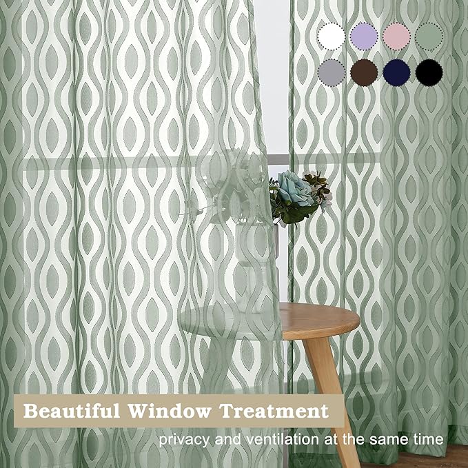 Aiyufeng Sheer Curtains 63 Inch Length 2 Panels Set, Solid Green Airy Light Filtering Voile Curtains Window Treatments for Bedroom Living Room, Modern Wavy Line Textured Curtains, 40" WX63 L Inches