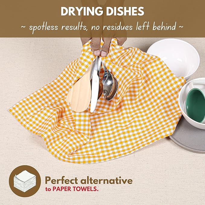 Native Fab 6 Pack Gingham Mini Check Kitchen Hand Towels Set - 100% Cotton Absorbent Reusable Washable 16"x26" - Quick Drying Dish Towels with Hanging Loops for Kitchen, Yellow White