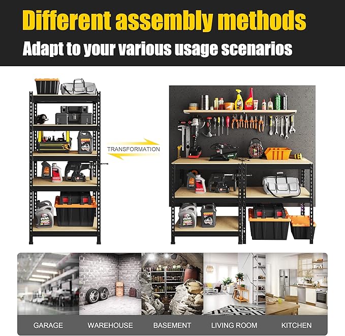 PrimeZone Storage Shelves 5 Packs 5 Tier Adjustable Garage Storage Shelving, Heavy Duty Metal Storage Utility Rack Shelf Unit for Warehouse Pantry Closet Kitchen, 28" x 12" x 59", Black