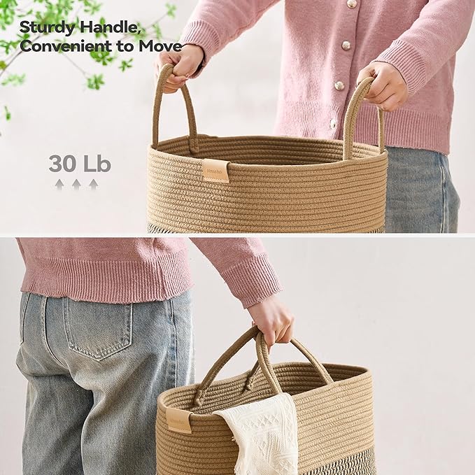 80L Laundry Hamper Basket,Baby Nursery Woven Storage Basket for Toys Bin,Pillows,Blankets,Clothes,Dark&Brown