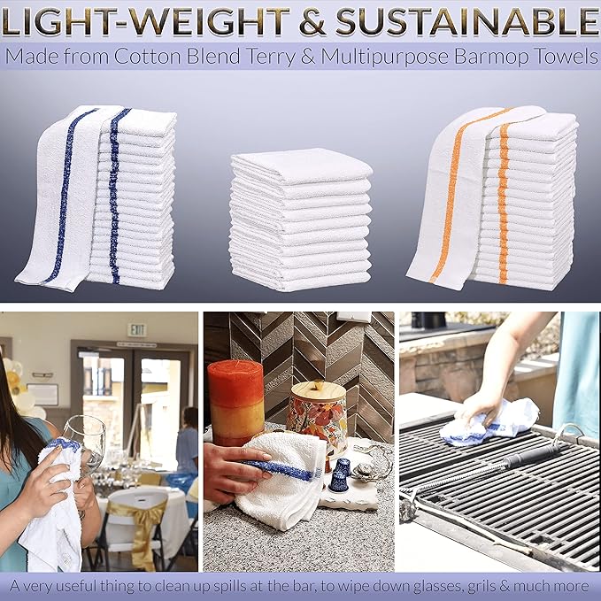 GOLD TEXTILES 60 PC New Cotton Blend White Restaurant Bar Mops Kitchen Towels 28oz (5 Dozen) (60, Blue Stripe)