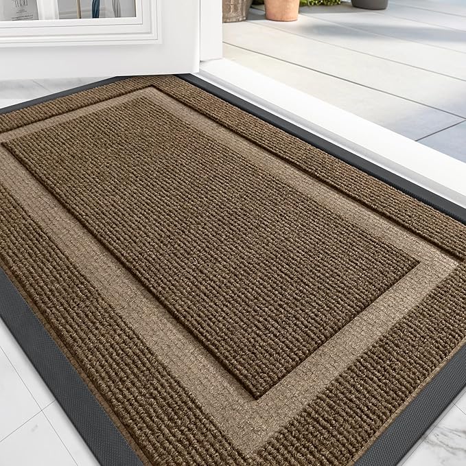 OLANLY Front Door Mat Indoor Outdoor Entrance, Waterproof All-Season, All-Weather Doormat, Sturdy Natural Rubber, Fade Resistant, Low Profile, Easy Clean Patio Porch Entryway Mat, 47x32, Brown
