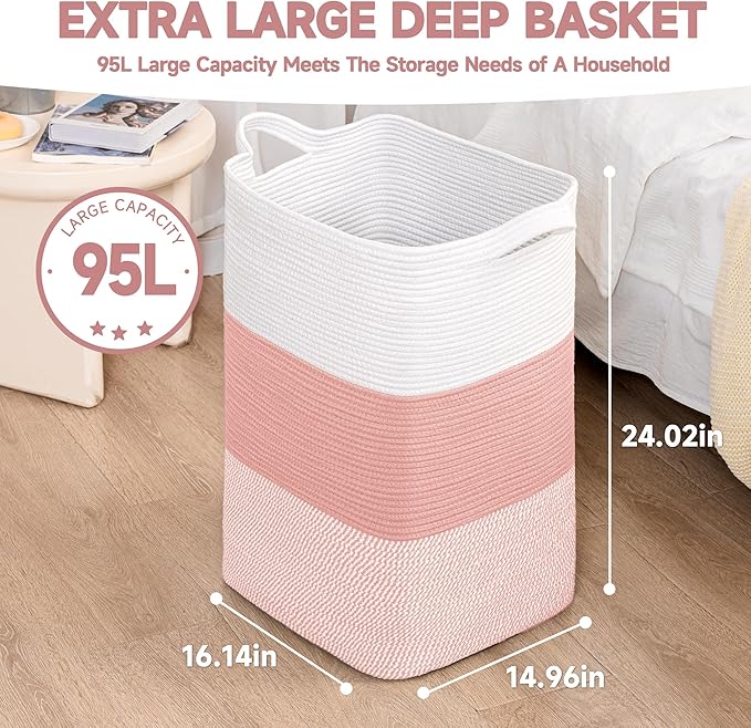 CLHMILY&Z 95L Laundry Basket Rectangular Pink Rope - 16x15x24 Inches - Dirty Clothes and Soft Storage Bin for Blankets, Toys, and Nursery Essentials