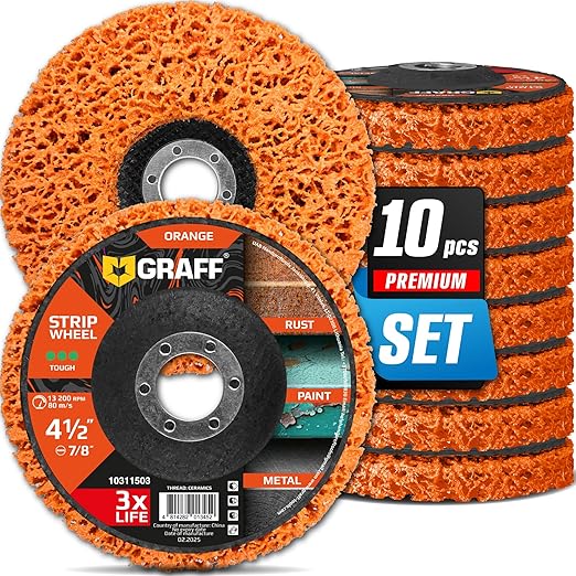 4.5 Inch Paint Stripping Disc - Rust Remover Wheel, Abrasive Discs Rust, Oxidation, Paint Remover Stripper Discs - Coarse Strip Discs 4 1/2 for Angle Grinder GRAFF 10 Packs (7/8" Arbor)