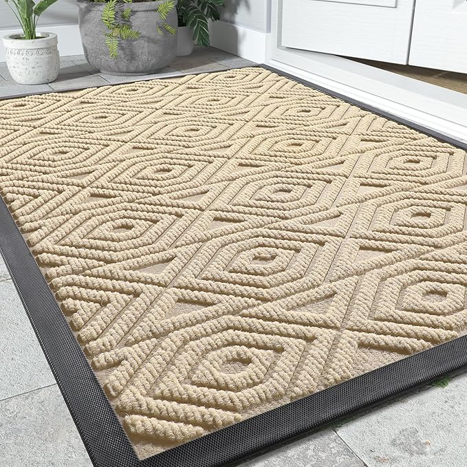 Yimobra Door Mat, Outdoor Indoor Entrance Welcome Mat, Heavy Entry Front Door Mat, Stain & Fade Resistant, Low Profile, Sturdy Rubber, Easy Clean Patio Floor Mat, Waterproof, 60 x 36,Light Beige