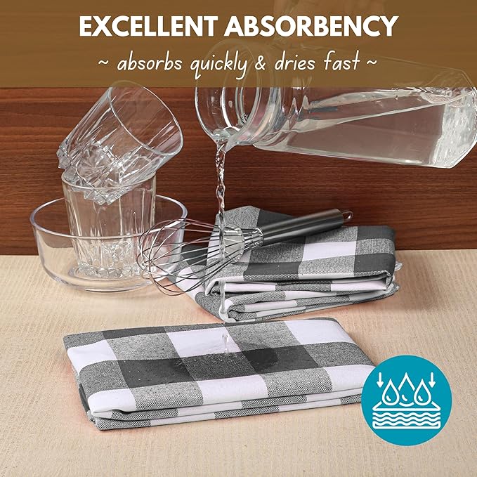 Native Fab 4-Pack Kitchen Towel with Hanging Loop 16x26 inches, Cotton Buffalo Check Kitchen Towels for Cleaning Drying, Washcloths Soft & Absorbent Cloth Rags, Bar Towel, Dish Cloth, Grey