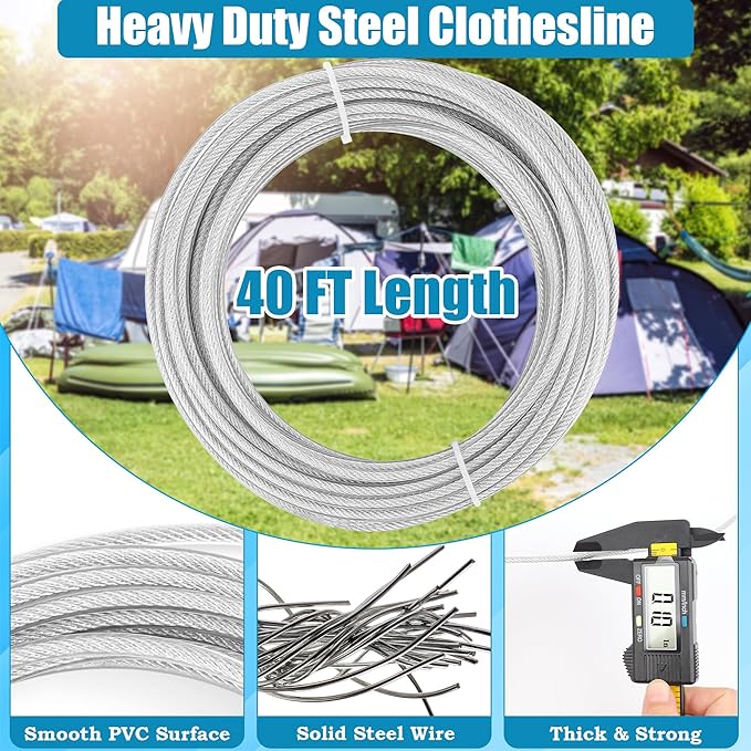 20FT/ 40FT Retractable Travel Clothesline, Adjustable Outdoor Clothesline Drying Clothes Line Laundry for Travel Camping, with Ratchet Pulley/ 2 Screws/ 2 Buckles (Black+Silver, 472, Inches)