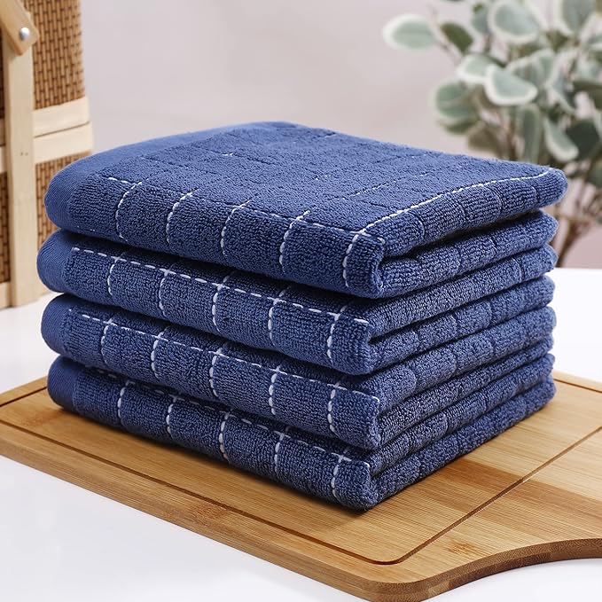 Homaxy 100% Cotton Terry Kitchen Towels(Navy Blue, 13 x 28 inches), Checkered Designed, Soft and Super Absorbent Dish Towels, 4 Pack