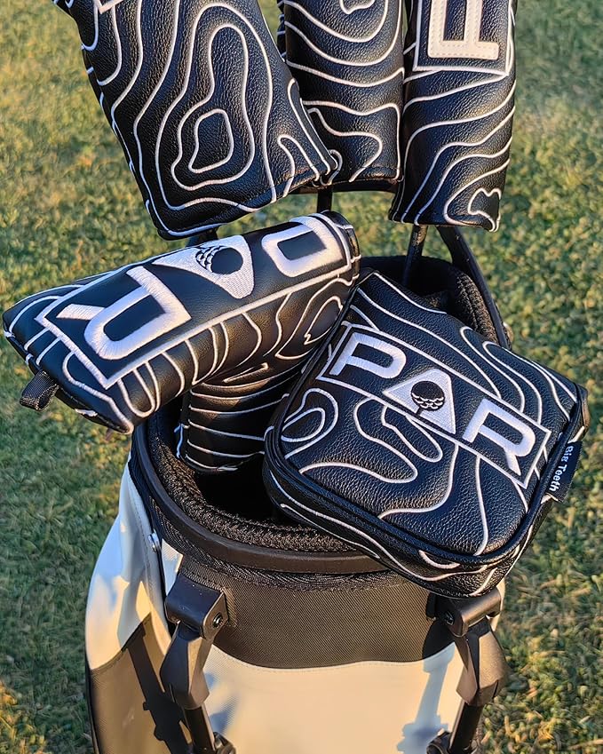 Big Teeth Golf Club Covers Full Set Driver Headcover Fairway Wood Hybrid Golf Club Iron Head Covers, Topographic Edition Putter Cover Leather Golf Head Covers Pure Black, Gifts for Men