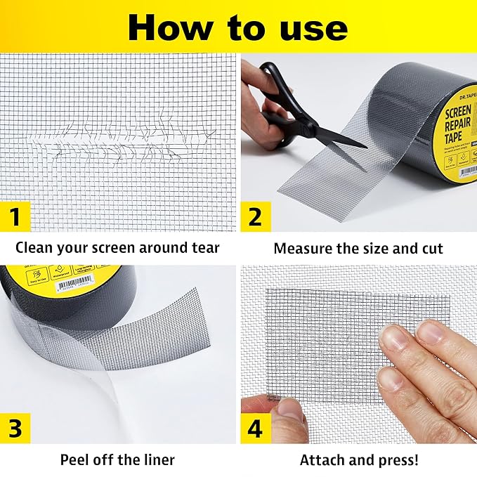 Black Window Screen Repair Tape, 2 in X 15 FT, Screen Repair Kit for Windows or Doors, Strong Adhesive Patch Kit Fiberglass Mesh Tape