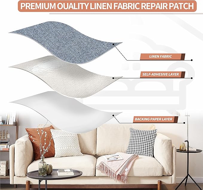 Fine Linen Repair Patches, Self-Adhesive Linen Fabric Patches, 12X40 inch Extra Size, Multi Color, Can be Used for Linen Sofa Repair and Linen Clothes Repair(12" x 40",Blue Grey)