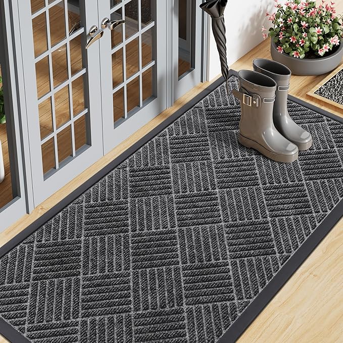 Smiry Front Door Mat Outside Entrance, Heavy Duty Outdoor Indoor Mat, Natural Rubber Doormat, Non Slip, Trap Dirt and Moisture, Easy Clean, Low Profile Patio Porch Entryway Mat, 59x23, Light Grey