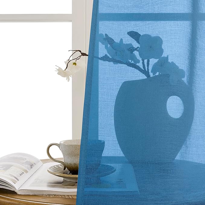Tollpiz Sheer Curtains Closet Linen Textured Curtain Sheers Doorway Light Filtering Voile Patio Glass Door Rod Pocket Curtains French Door, 54 x 80 inches Long, Classic Blue, Set of 1 Panel