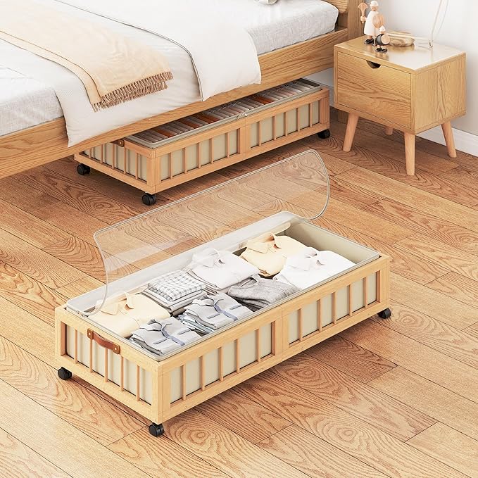 efluky 2-Pack Bamboo Under Bed Storage with Wheels, Rolling UnderBed Storage Basket with Large Dust Bag, Under Bed Storage Containers for Bedroom, Dorm and Basement, Nature