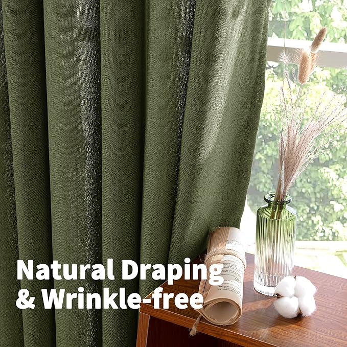 YoungsTex Olive Green Linen Curtains for Living Room 84 Inch Length, Semi Sheer Drapes with Rod Pocket Back Tab Light Filtering Window Treatments for Bedroom Farmhouse, 2 Panels, 52 X 84 Inch