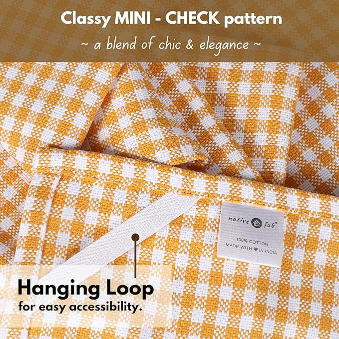 Native Fab 6 Pack Gingham Mini Check Kitchen Hand Towels Set - 100% Cotton Absorbent Reusable Washable 16"x26" - Quick Drying Dish Towels with Hanging Loops for Kitchen, Yellow White