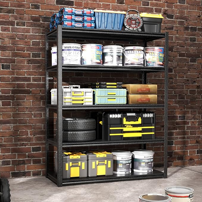 72" H Garage Shelving, Metal Storage Shelves, Adjustable 5 Tier Storage Rack, Heavy Duty Shelving, Industrial Utility Shelf for Garage, Warehouse, Bedroom, Kitchen, 24" D×48" W×72" H, Black