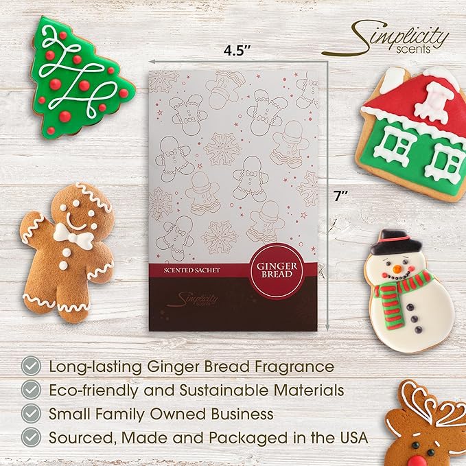 Simplicity Scents Gingerbread Scented Sachets Pack of 3, Fall & Winter - Long-Lasting Scented Bags, Home Fragrance, Air Freshener & Deodorizer for Closet, Room, Drawer, or Cars, Made in USA