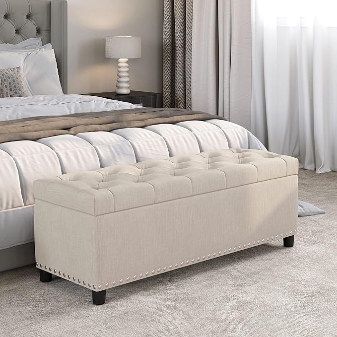 BELLEZE 47" Storage Ottoman, Storage Bench with Safety Close Hinge, Linen Button-Tufted Ottoman for Living Room, Entryway, Hallway, Foot Rest, Support 300lbs - Beige