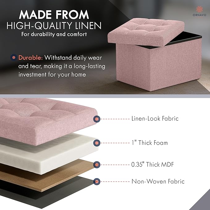 Ornavo Home Small Storage Ottoman Foldable Collapsible Rectangle Linen Ottoman Foot Rest Stool Seat, for Living Room, Bedroom, Home Office, Dorm - 12 x 16 x 12, Pink