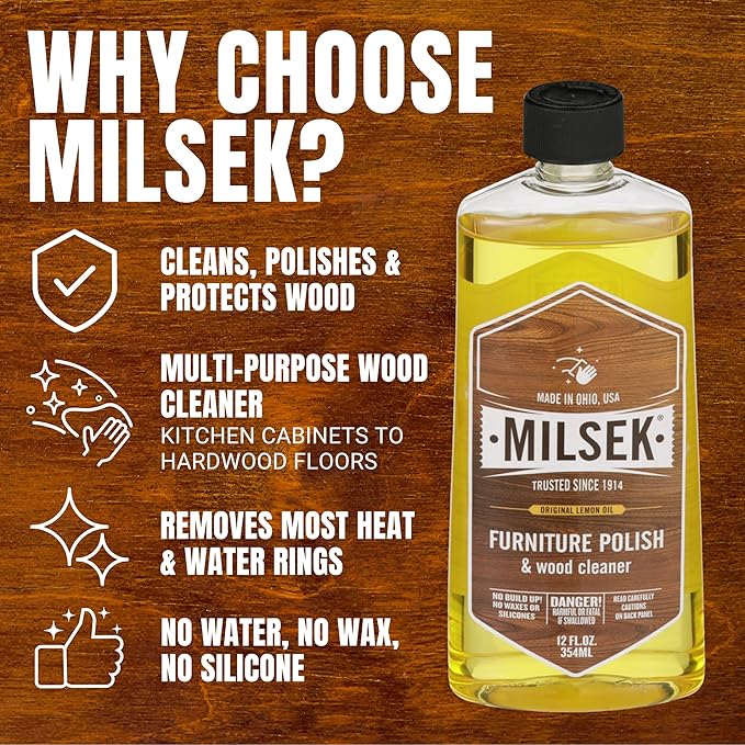 Milsek Furniture Polish and Wood Cleaner with Lemon Oil - Multipurpose Solution for Home Improvement from Hardwood Floors to Kitchen Cabinets - 12 Fl Oz (Pack of 6)