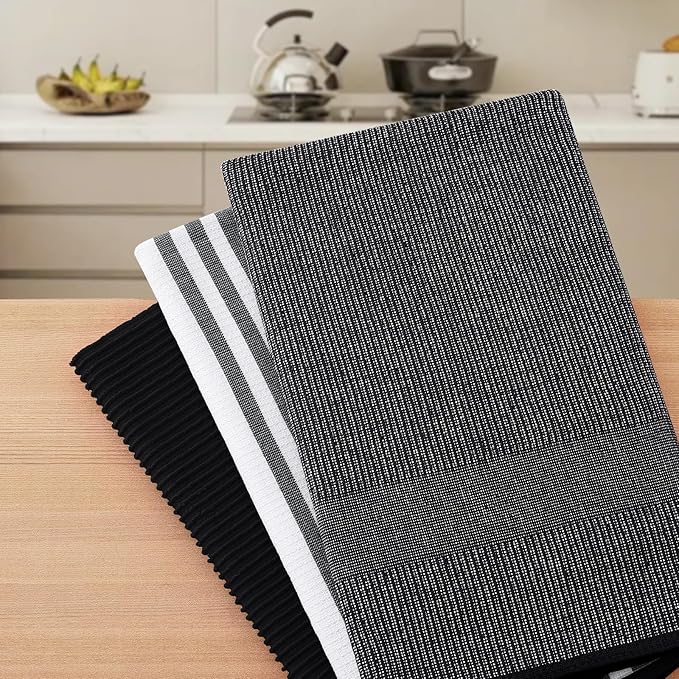 Homaxy Premium Kitchen Towels(18”x 28”, 12 Pack), Large Cotton 380 GSM Kitchen Hand Towels, Soft and Absorbent Terry Dish Towels, Multipurpose Tea Towel Set with Hanging Loop, Black