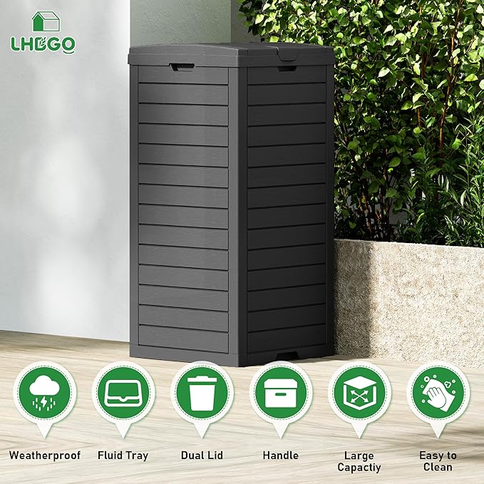 Outdoor Trash Can, 2 Set of 31 Gallon Garbage Can with Tiered Lid and Drip Tray, Waterproof Resin Patio Waste Bin for Garden, Backyard, Deck