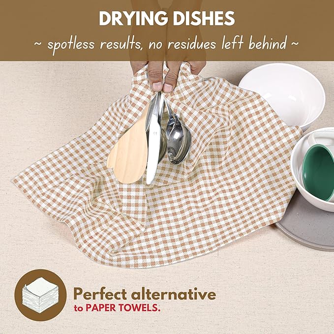 Native Fab Beige Gingham Kitchen Dish Towels 4 Pack 16"x26" - 100% Cotton Absorbent Plaid Tea Towels, Dish Cloths for Quick Drying, Reusable Dishcloth Set, Beige White