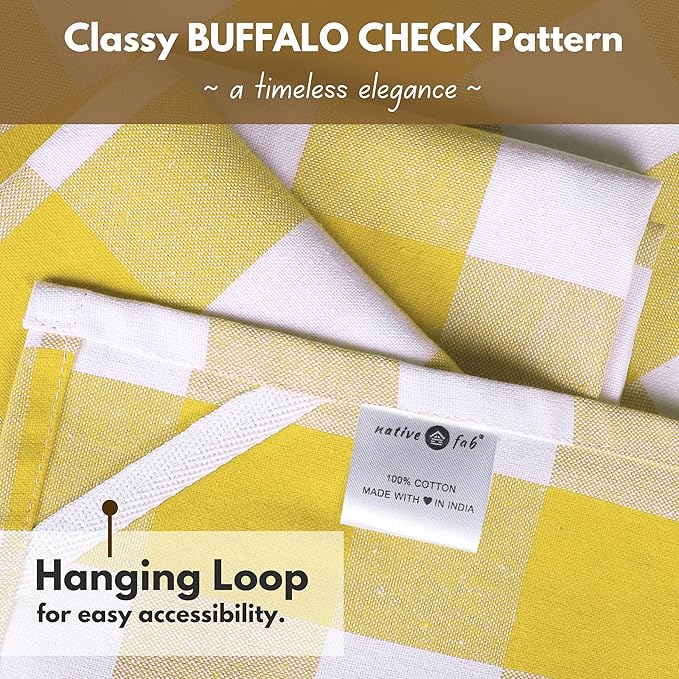 Native Fab Yellow Buffalo Dish Towel 16"x26", Set of 12 - Cotton Plaid Towels, Soft Absorbent Dishcloths with Hanging Loop, Kitchen Towels for Quick Drying - Yellow White