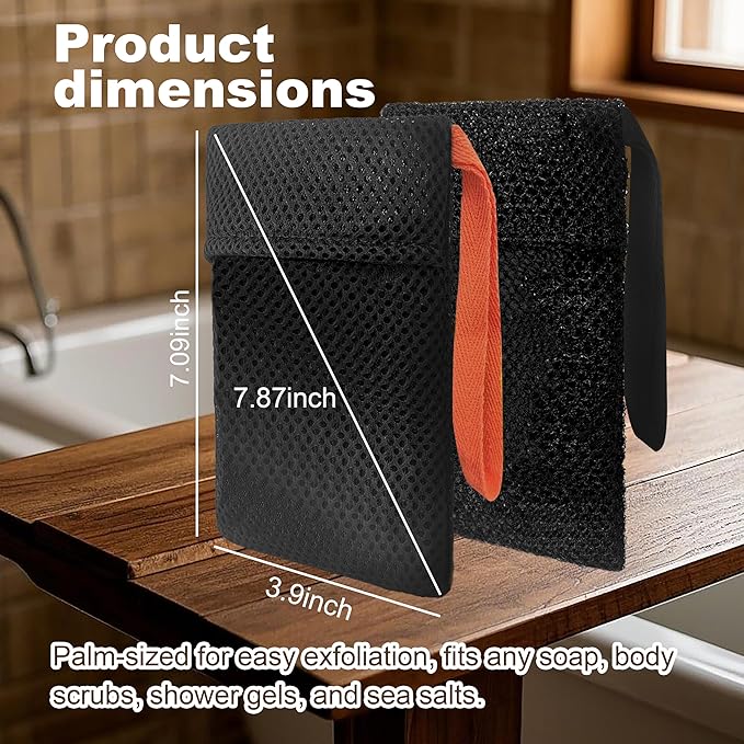 2 Pack Soap Bag Different Roughness Deep and Gentle,Bar Soap Pouch Saver Pocket,Body Scrubber Shower Sponge Loofah,Exfoliating Bath Sponge (Black)