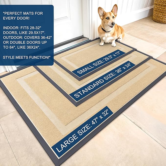 OLANLY Front Door Mat Indoor Outdoor Entrance, Waterproof All-Season, All-Weather Doormat, Sturdy Natural Rubber, Fade Resistant, Low Profile, Easy Clean Patio Porch Entryway Mat, 71x23, Beige