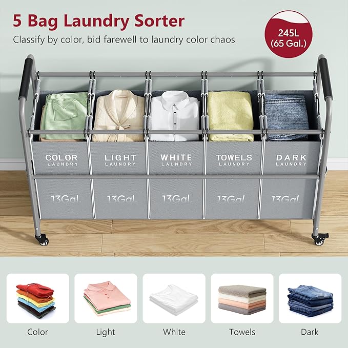 Tajsoon 5 Bag Laundry Sorter Cart, Laundry Hamper Sorter Basket with Heavy Duty Lockable Rolling Wheels for Clothes Storage, Grey & White