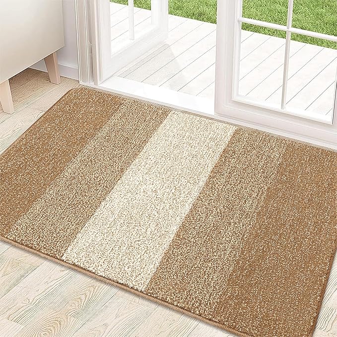 Kitinjoy Indoor Outdoor Door Mat, 32x20 Non-Slip Absorbent Dirt Trapper, Low-Profile Washable Inside Entrance Front Floor Mat, Sturdy Soft Entry Doormats for Entryway, Camel