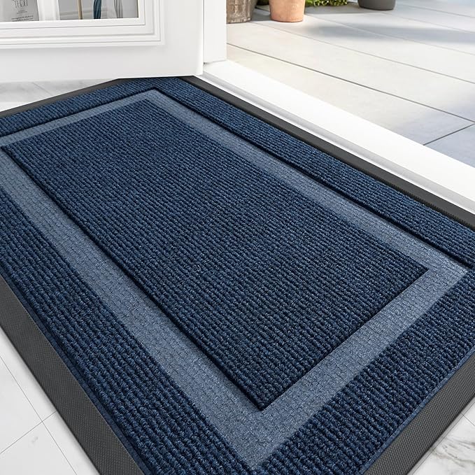 OLANLY Front Door Mat Indoor Outdoor Entrance, Waterproof All-Season, All-Weather Doormat, Sturdy Natural Rubber, Fade Resistant, Low Profile, Easy Clean Patio Porch Entryway Mat, 71x47, Blue