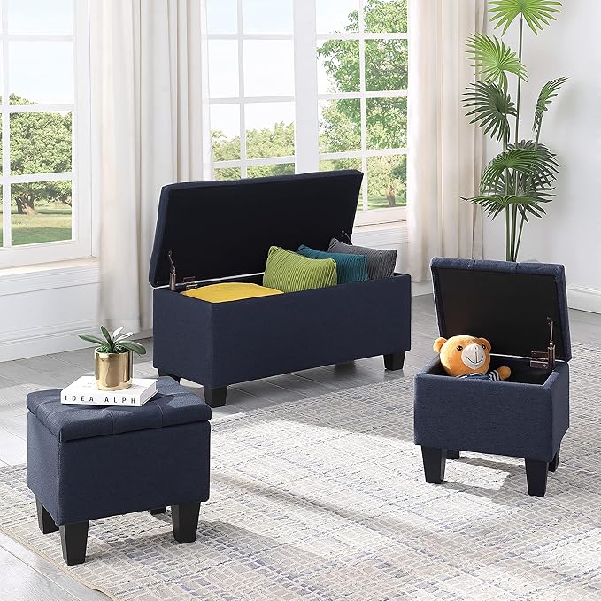 Set of 3 Hinged Storage Ottoman, 38'' Ottoman Bench with Storage and Thick Seating, End of Bed Bedroom Bench Window Bench with 2pcs Small Foot Rest (Blue - Fabric)