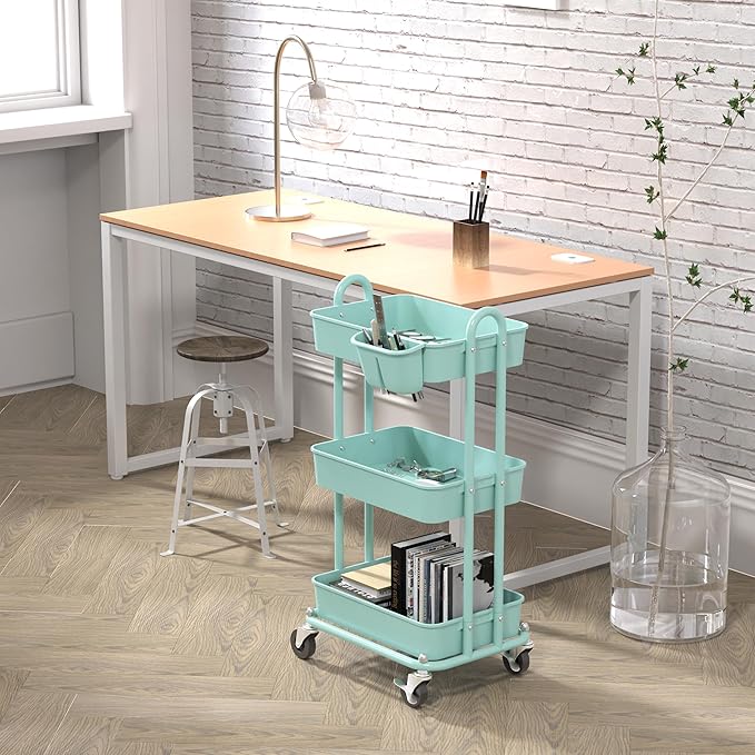 Simple Houseware 3-Tier Multifunctional Rolling Utility Cart with Hanging Bucket, Turquoise