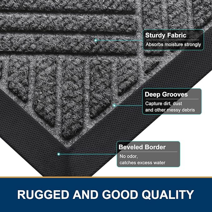 Smiry Front Door Mat Outside Entrance, Heavy Duty Outdoor Indoor Natural Rubber Doormat, Non Slip, Trap Dirt and Moisture, Easy Clean, Low Profile Patio Porch Entryway Mat, 29.5x17, Light Grey