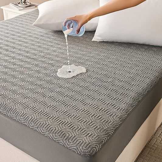 GRT Queen Mattress Protector Waterproof, Breathable Bamboo Charcoal Fiber Mattress Cover, Noiseless and Odor Free Upgraded Mattress Protector with Double-Barrier Protection, 8"-26" Deep Pocket
