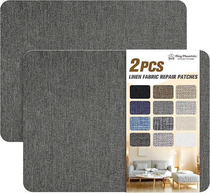 KING MOUNTAIN Fine Linen Repair Patches, Self-Adhesive Linen Fabric Patches, 8X11 inch 2 PCS, Multi Color, Can be Used for Linen Sofa Repair and Linen Clothes Repair(8" x 11"-2PCS,Dark Grey 2.0)