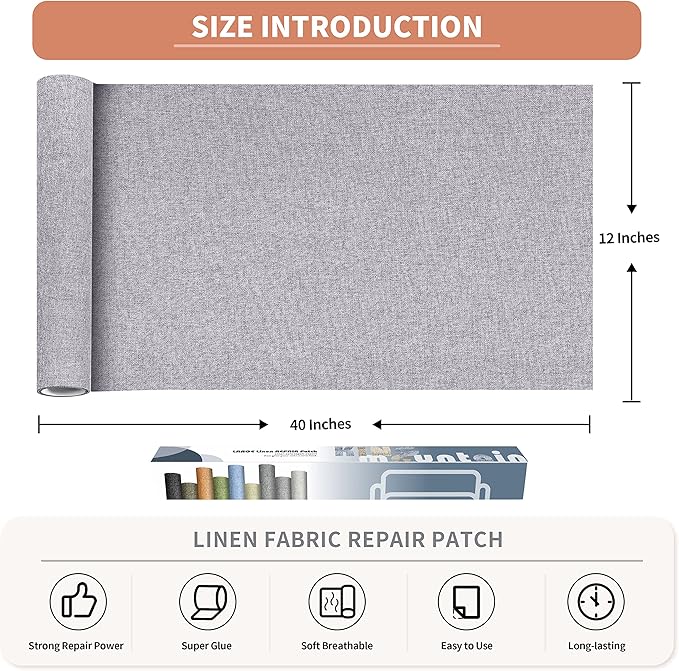 KING MOUNTAIN Fine Linen Repair Patches, Self-Adhesive Linen Fabric Patches, 12X40 inch Extra Size, Multi Color, Can be Used for Linen Sofa Repair and Linen Clothes Repair (12" x 40", Light Grey 3.0)